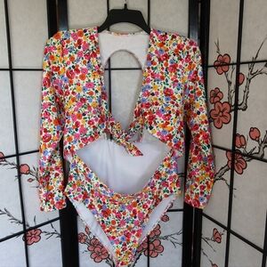 SHEIN Red Pink Floral Long Sleeve Cut Out Tie Chest Swimsuit Plus Size 2XL NWOT